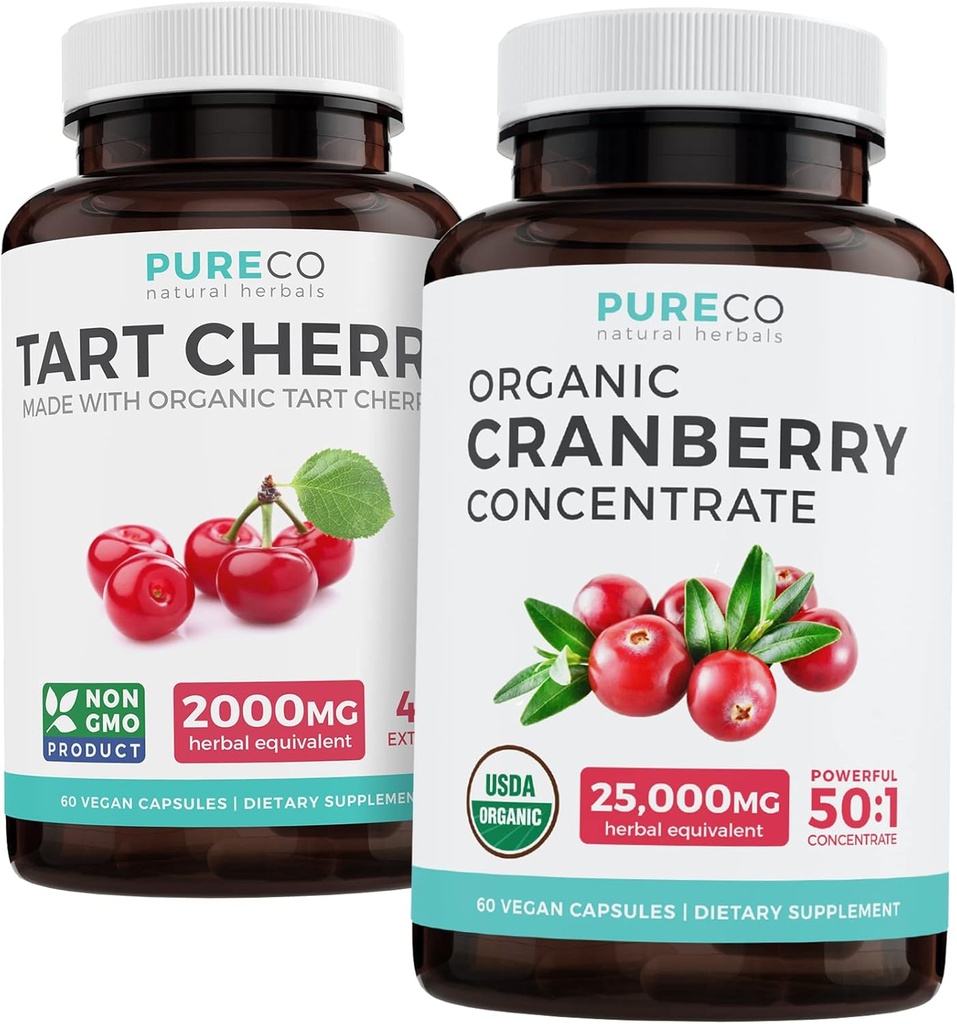 Luomukarpalo pillereitä & tart kirsikka - Puhdista & Clean Bundle - Virtsateiden ja virtsahapon tuki - Organic Cranberry pillereitä - 50:1 Konsentraatti & Luomu tart kirsikka kapselit - 4:1