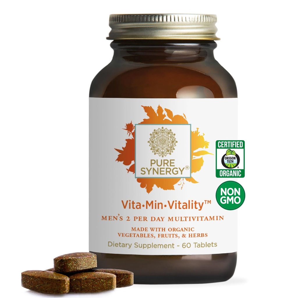 PURE SYNERGY Vita·Min · Vitalitet | Naturlig multivitamin för män | Mäns dagliga multivitamin gjord med organiska hela livsmedel | för energi, stress och immunstöd (60 tabletter)