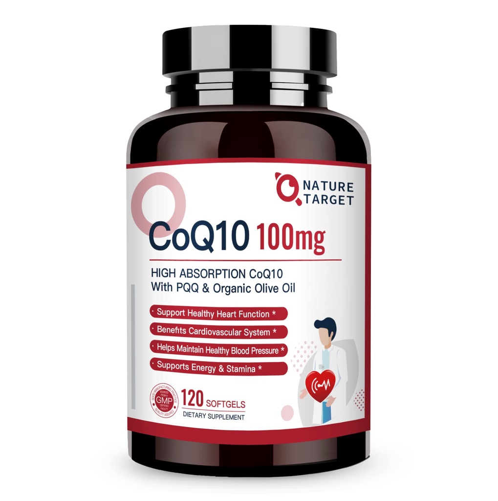 NATure TARGET CoQ10-100mg-Softgels with 10mg PQQ - High Absorptio Coenzyme-Q10 with Organic-Olive-Oil - Antioksidantti Heart & Brain Health, Cellular-Energy-Production, 120 Servings