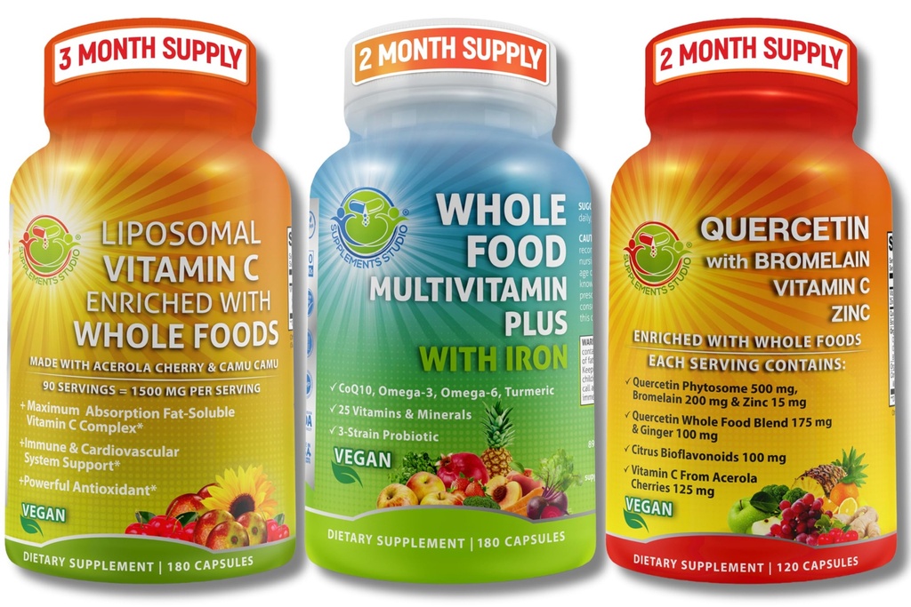 SUPPLEMENTS STUDIO Vegan Immune, Energy & Whole Body Support Bundle - Vegan Whole Food Multivitamin med järn + Liposomal Vitamin C 1500mg + Quercetin med Bromelain, Zink och vitamin C - Non-GMO