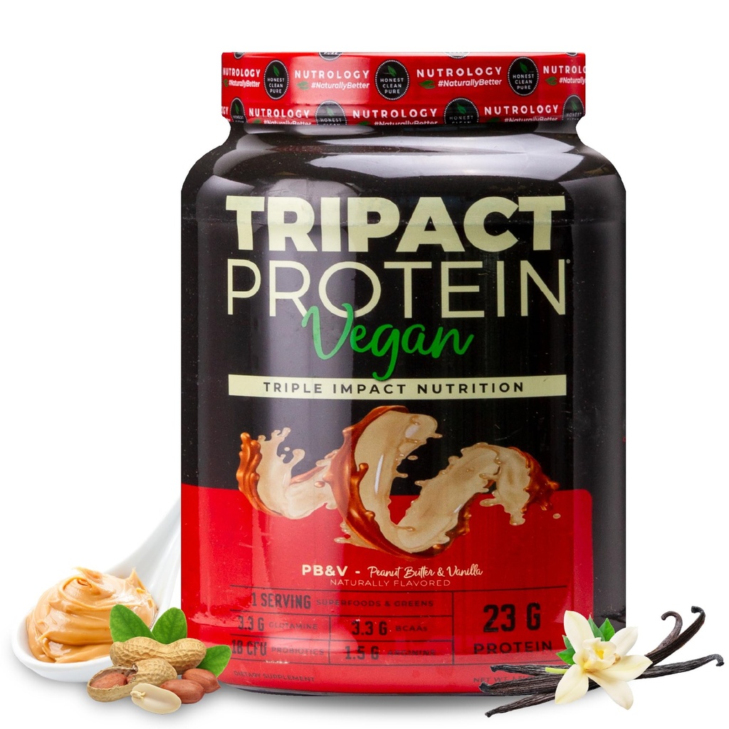 Nutrology TRIPACT Vegan Protein Powder - Organic Pea, Rice & Pumpkin Protein, BCAAs & Glutamin Plant-Based Meal Replacement Shakes for Muscle Recovery & Immunity, Peanut Butter & Vanilla, 20 Servings