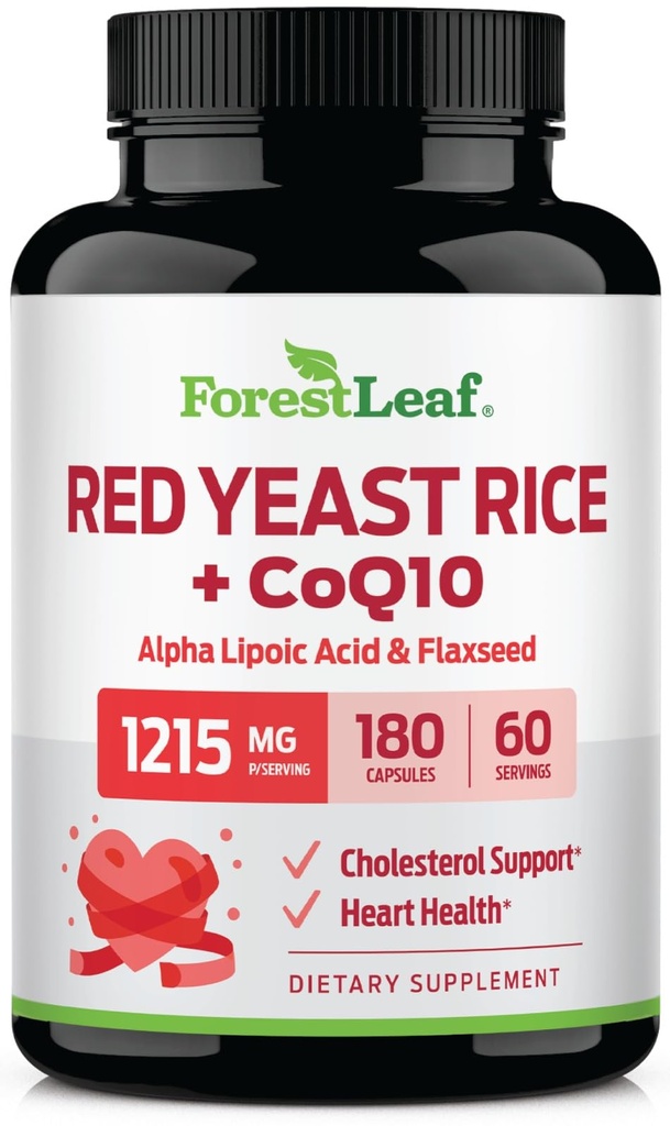 ForestLeaf Red Yeast Rice CoQ10 täydennysosa - 1215 mg Extra vahvuus Punainen Hiiva Riisi Kapselit Alpha Lipoic Acid & Organic pellavansiemen, Citrin Free - 180 kapselia