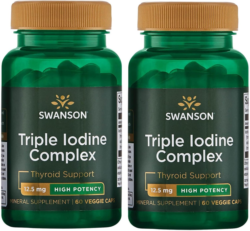 Swanson Triple Jodi Complex- Natural täydennysosa Vital Kilpirauhasen tuki-promootit Metabolinen toiminta, lisääntynyt punasolujen tuotanto, & Heart Health-(60 kasviskapselit, 12, 5 mg Each) 2 pakkaus