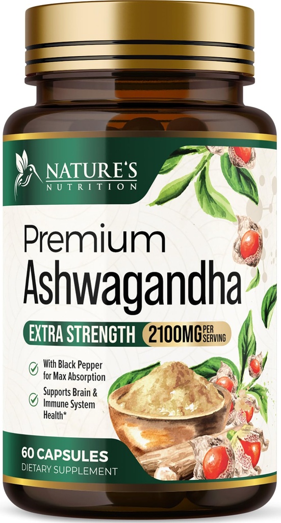 Ashwagandha lisäravinteet - 2100mg Ashwagandha kapseli naisille ja miehille, luonnollinen antioksidantti tuki, Ashwa juuriuute, extra vahvuus Rauhallinen tuki Black Pepper, Vegan & Gluteeniton - 60 kapselia