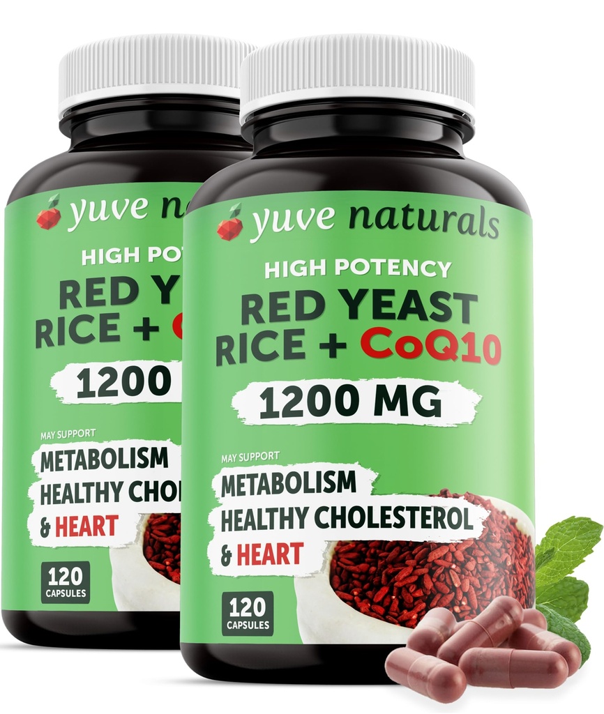 Red Yeast Rice 1200 mg kapselit CoQ10 - Säilytä terve Kolesterolitasot, kasviperäisen Heart Health Vegan Red Yeast Rice Supplement - Red Rice Hiiva CoQ10 naisten ja miesten - 120 Ct (2-Pack)
