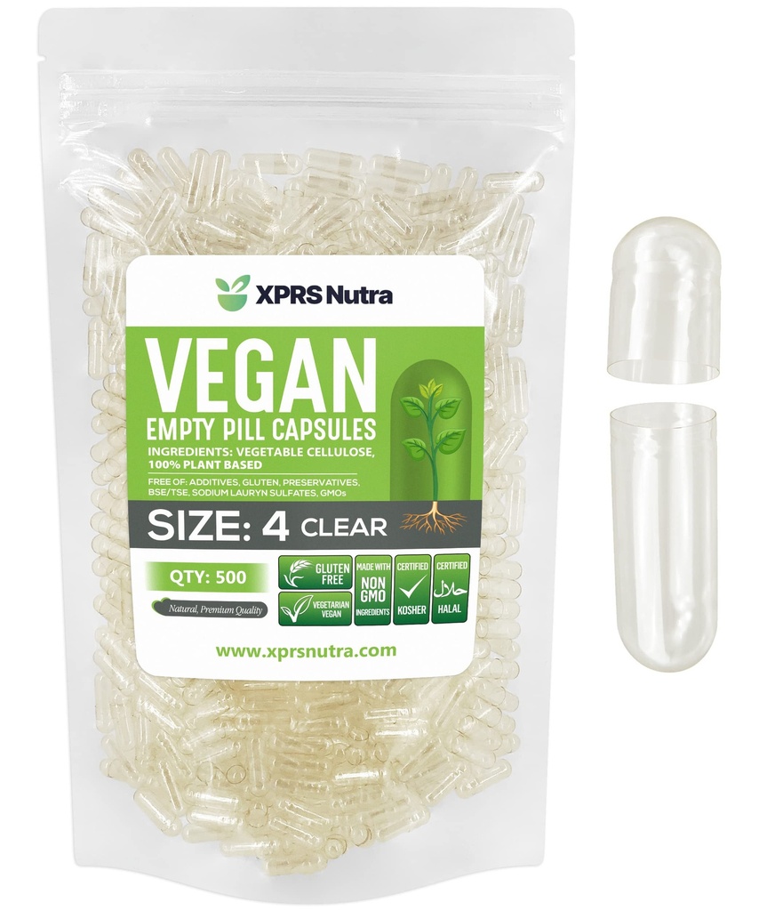 XPRS Nutra Size 4 Tyhjät kapselit - 500 Count Clear Small Tyhjä Vegaanikapselit - DIY Vihanneskapselin täyte - Täytettävä Do-It-Your Yourself Veggie Pill Caps for Lisäravinteet