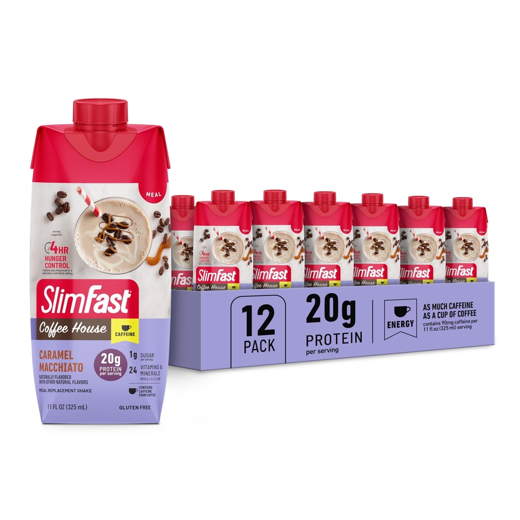 SlimFast Protein Shake with comfeine, Caramel Macchiato- 20g Protein, Ateriankorvike Shakes, Korkea Proteiini Low Carb ja alhainen sokeri, 24 vitamiinit ja mineraalit, 12 Luku (pakkaus 1)