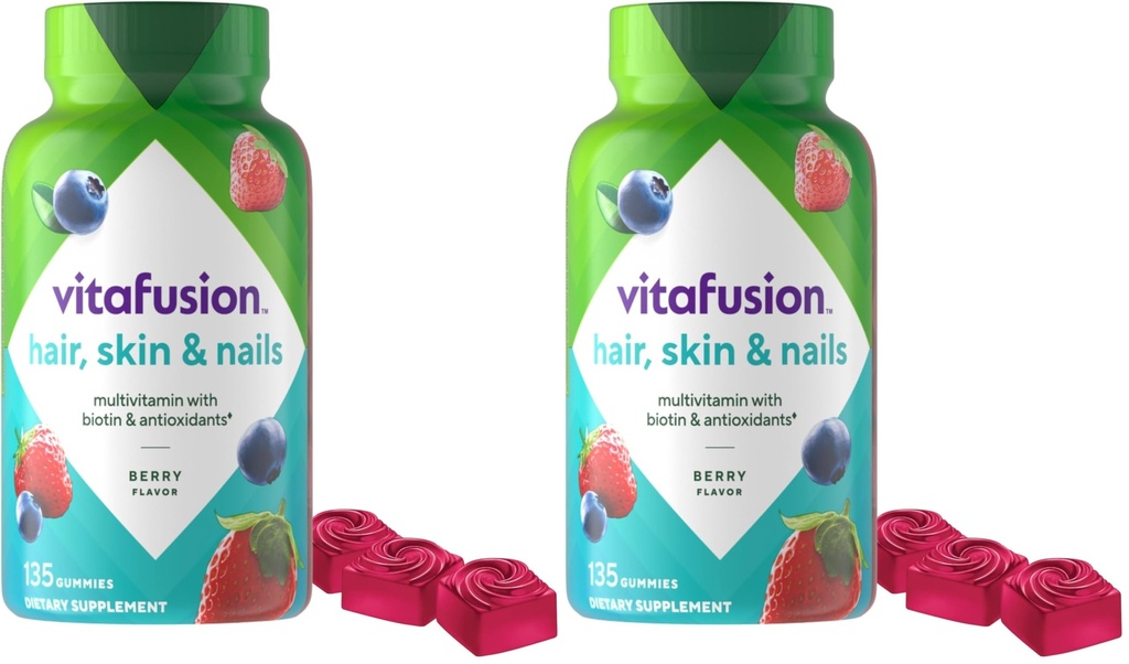 Vitafuusio Upea hiukset, iho & kynnet Multivitamiini Plus Biotiini ja antioksidantti vitamiineja C&E, Vadelma maku, 135ct (45 päivän tarjonta), America