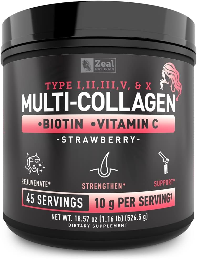 Premium Multi Collagen Peptides Protein Powder (1, 2, 3, 5 & 10) med Vitamin C, Biotin, Hyaluronic Acid, för Hair Skin och Nails - Marine, Bovine, Chicken & Eggshell (Strawberry, 45 Servings)