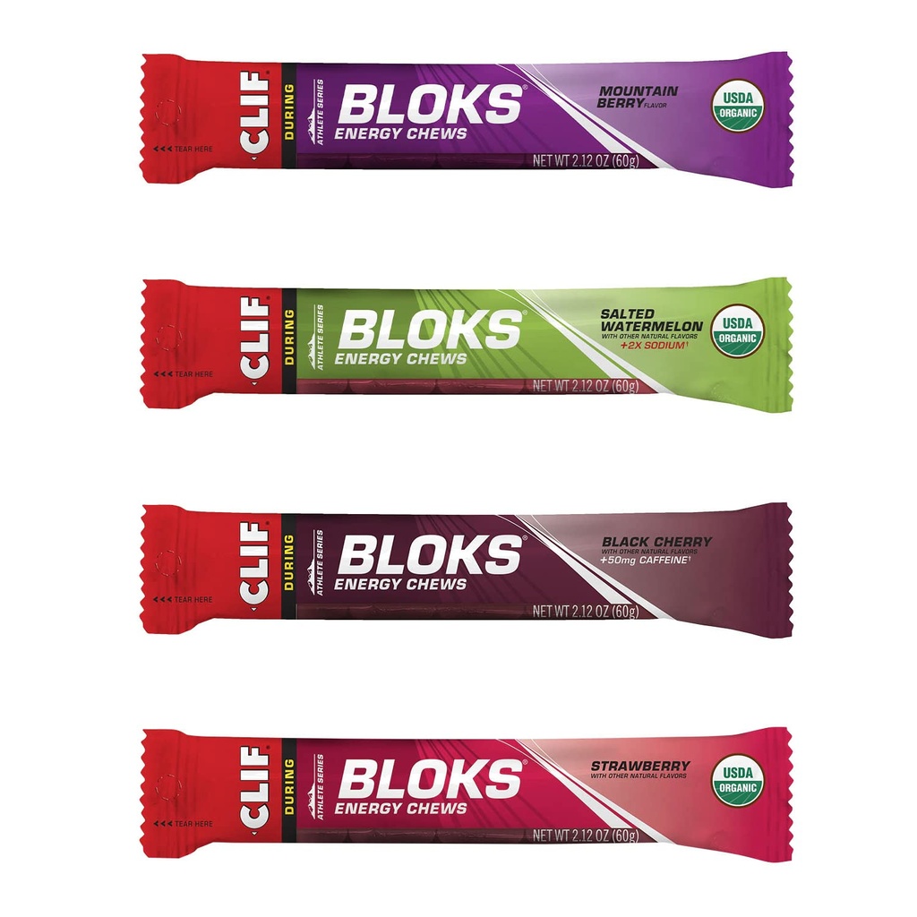 CLIF BLOKS - Energy Chews - 4 Flavor Variety Pack - Ei-GMO - Kasvipohjaiset elintarvikkeet - Nopeat karbit pyöräilyyn ja Juoksemiseen - Harjoitus Välipala (2.1 Ounce Packet, 12 Count)
