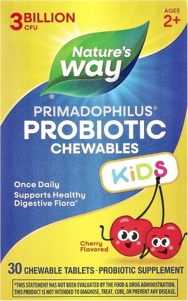 Naturens sätt Primadophilus Probiotic Chewables for Kids, stöder hälsosam matsmältning Flora *, för barnåldrarna 2 +, 3 miljarder CFU, 30 Cherry Flavored Chewables (Packaging May Vary)