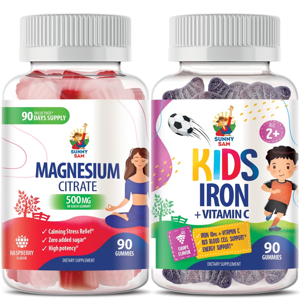 SUNNY SAM Iron Gummies lapsille & Aikuinen & Magnesium Gummies aikuisille - 500 mg - Rauhallinen Magnesium Chews - Magnesium Citrate Chewable täydennysosa mielialan ja lihasten tukea. Rautavitamiinit ja C-vitamiini.