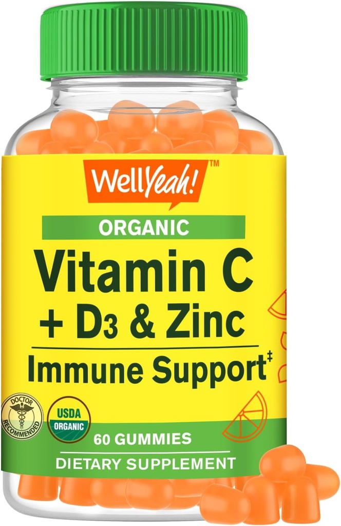 WellYeah Organic C-vitamiini + D3 + Sinkki Gummies - immuuni Boosting, antioksidantti-Rich, ja Bone Health Supporting, USDA Organic, Vegan, ja ei-GMO - Gluteeniton, Pähkinätön Gummy - 60
