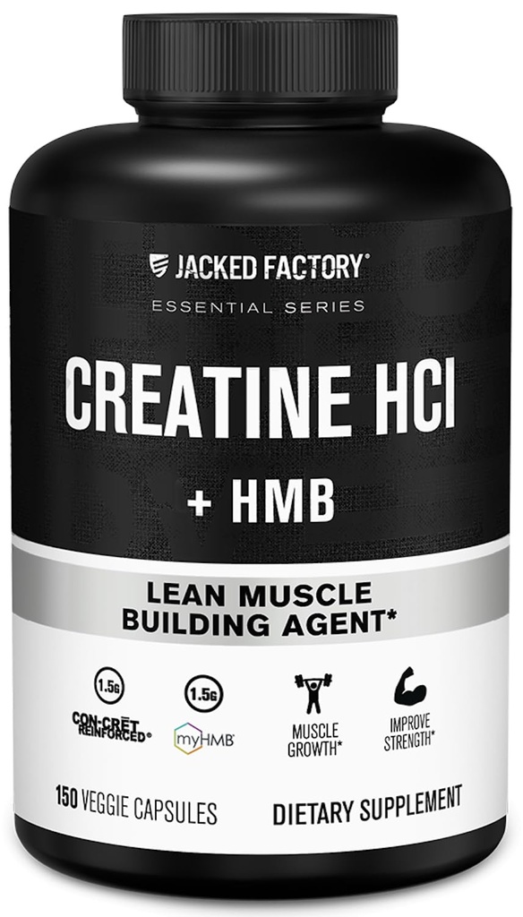 Jacked Factory Creatiini HCL + HMB Kapselit - Synergistinen CON-CRET, myHMB, & D-vitamiini Formula parantaa kasvua, vahvuus, & vähentynyt lihasten jakautuminen - 150 kapselia