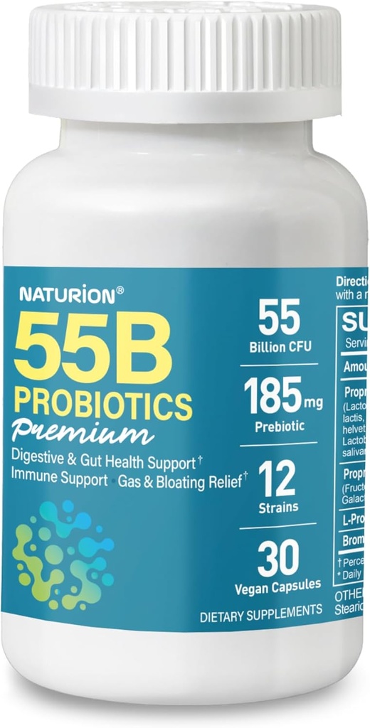 55B Probiotics Premium - 55 miljarder CFU, 12 stammar, 185mg Prebiotic - Immune Support, Digestive & Gut Health - Stöder Occasional Constipation, Gas & Bloating - 30 Vegan Capsules, 30 Day Supply