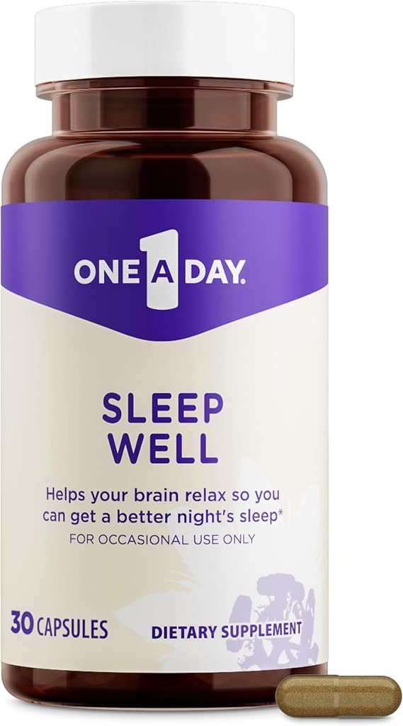 One A Day Sleep lisäravinteet aikuisille, uni tuki intohimokukka ja melatoniini, uni tuki uni hyvin, 30 kapselia