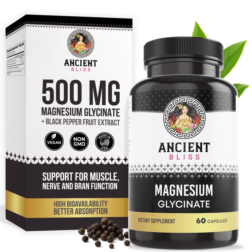 Antiikin Bliss Magnesium Glycinate lihaksille ja hermoille, Ruoansulatuselimistön ja immuunijärjestelmän tukilisä, magnesiumlisä naisille ja miehille (60 kapselia)