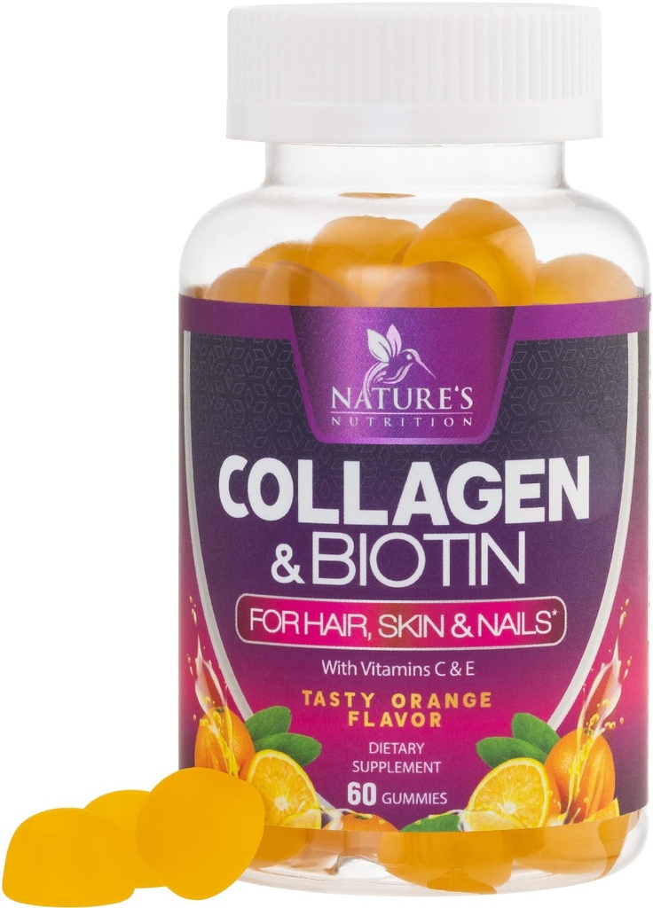 Kollageeni Gummies 2500 mcg Biotiini, C-vitamiini & sinkki - Hydrolysoitu Collagen Peptide Tyyppi 1 & 3 täydennysosa - Hiusten, ihon ja kynsien kasvua tukea naisille ja miehille, gluteeniton, ei GMO:ita - 60