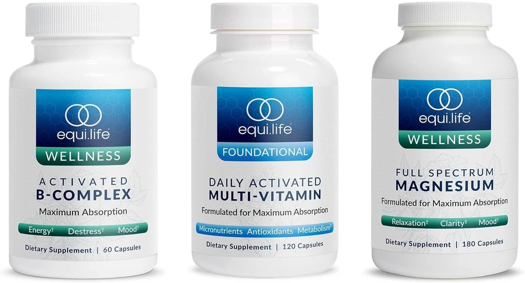 Equilife - Aktivoitu B Complex (60 tt.), Full Spectrum Magnesium (180 t.), Daily Active Multi-Vitamin (30 Servings)