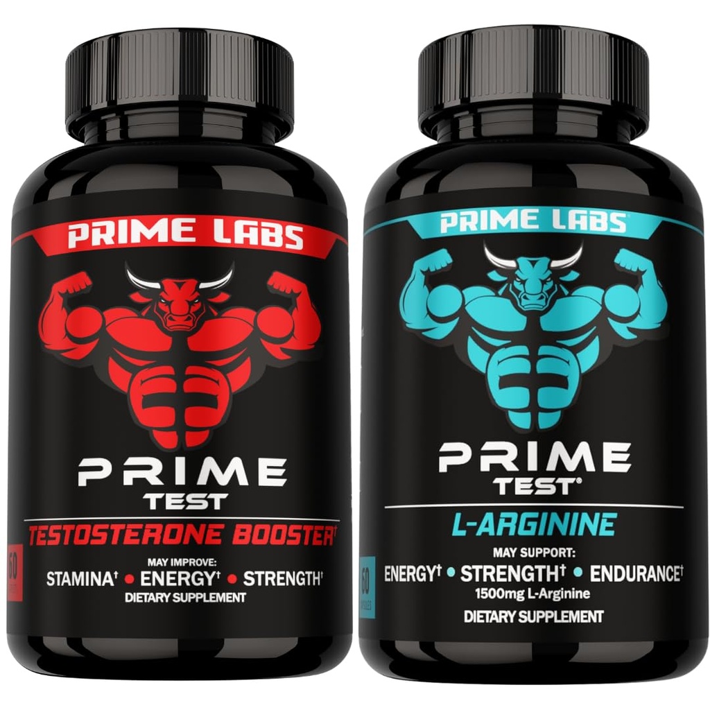 Prime Labs Prime Test Testosteroni Booster + L Arginiini Typpioksidi kapselit - 60 Count Each