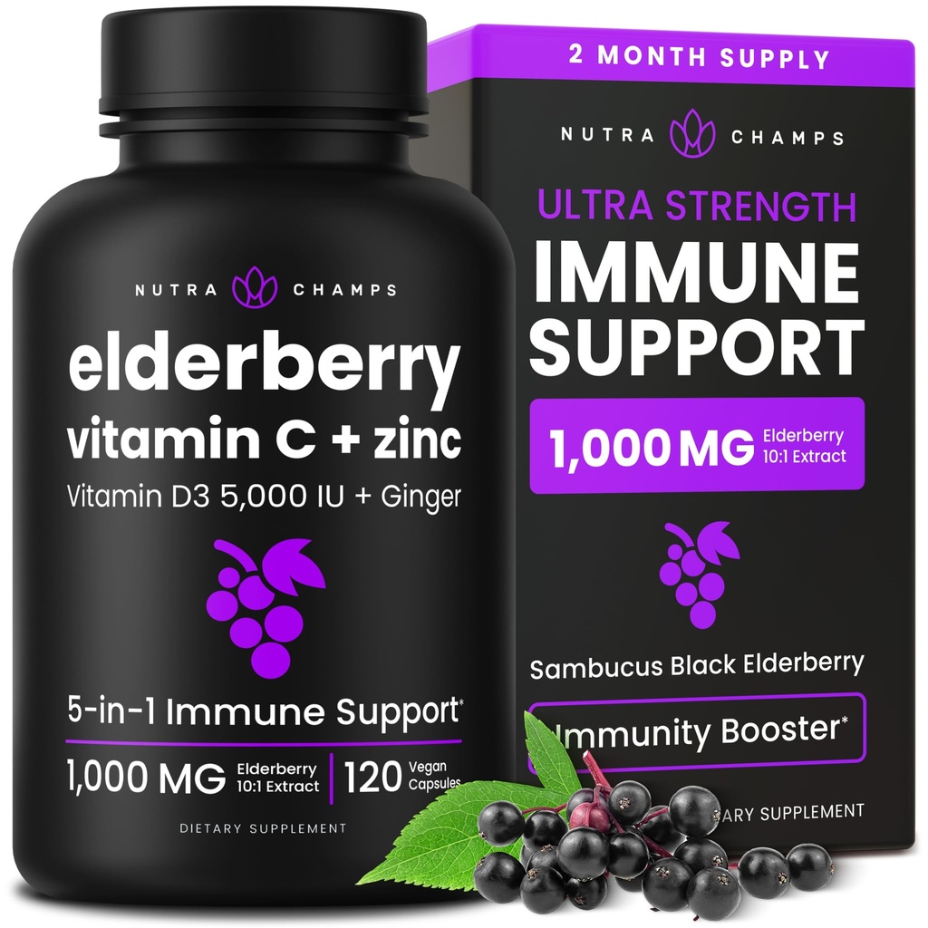 NutraChamps Elderberry C-vitamiinin ja sinkki - 5 in 1 Immuniteetti täydentää, 10 000 mg Sambucus Musta Elderberry kapselit D3-vitamiini 5000 IU, Sambucus Elderberry uute Immuuni tuki aikuisille
