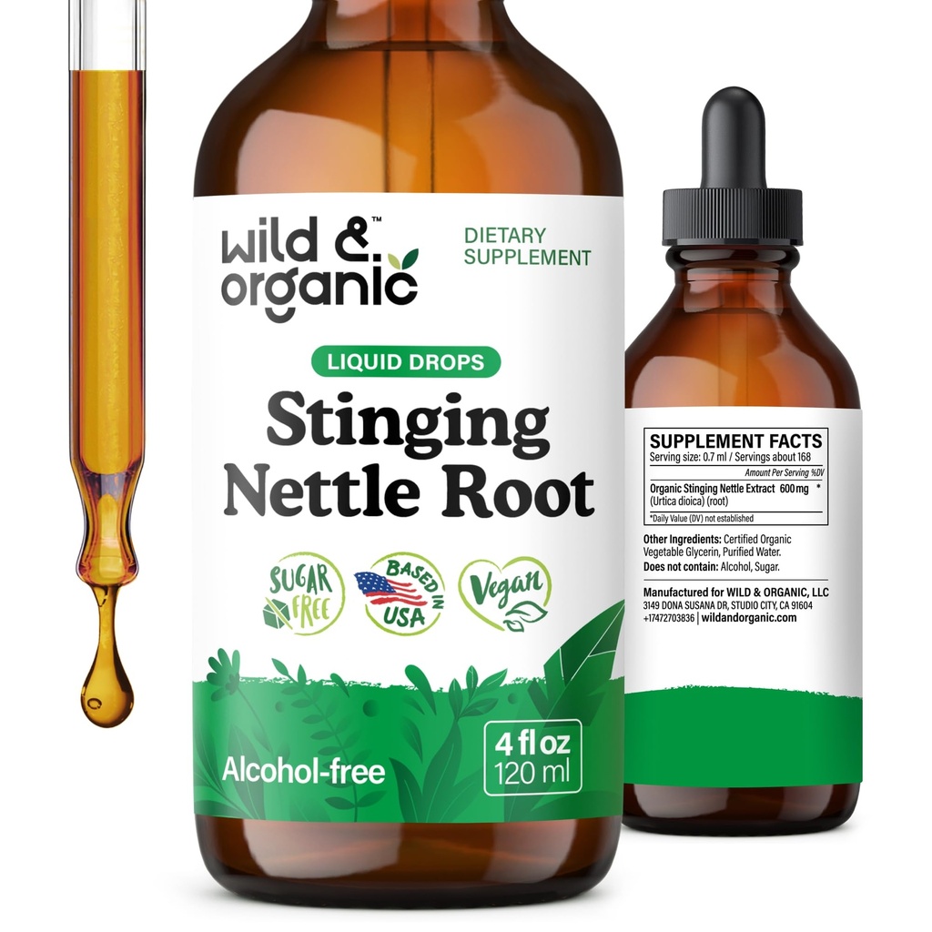 Wild & Organic Stinging Nettle Tincture - pistelevä nokkosten juuriuute Drops miesten & naisten - Liquid Urtica Dioica Supplement - Vegaani, sokeri & alkoholiton - 4 fl oz