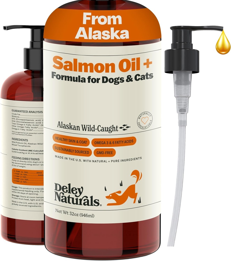 Deley Naturals Wild Alaskan Salmon Oil for Dogs - Uusi & Parannettu Salmon Oil Plus Formula - Kalaöljy koirille DHA EPA Omega 3 & 6 Rasvahapot - Omega 3 Fish Oil for Skin & Coat - 32oz Valmistettu USA