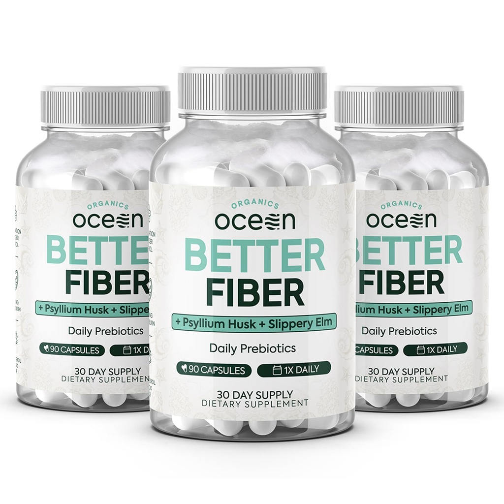 Organics Ocean Better Fiber - Päivittäinen kuitu täydentää - Pehmennä Jakkara vaivaamaton Bowel liikkeet - Psyllium Hulk ja liukas jalava - 3 pullot