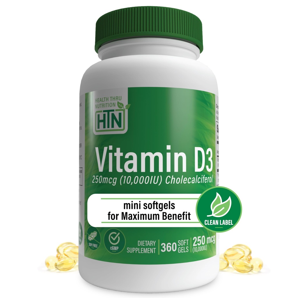 Hälsa Thru Nutrition Vitamin D3 10,000iu 360 Mini Softgels för Maximal Benefit Year Supply | 250mcg Cholecalciferol | 3rd Party Tested | Non-GMO USP Grad i organisk EVOO | Immun Health Support