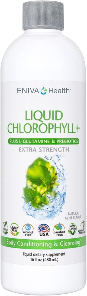 Eniva Health Liquid Chlorophyll Super Greens | 24K MG med Prebiotic & L-Glutamine | Mint smak | Hud, immunitet, energi, Detox, Gut Health | Vegan, Gluten & alkoholfri | 48 portioner | USA Made