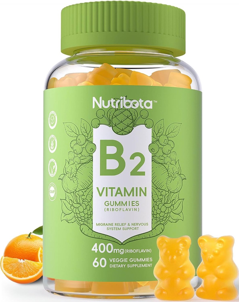 Sokeriton B2-vitamiini Gummies- Riboflaviini 400 mg 200 mg magnesiumilla, CoQ10 aikuisille ja lapsille, Vegaani, 60