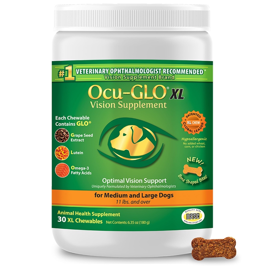 Ocu-GLO Cat & Dog for Eye Support - Pureskeltava Vision Supplement for Large and Small Lemmikkieläimet Hoito Lutein, Omega-3 rasvahapot, Rypälesiemenuute & Antioksidantit 30 XL Purut