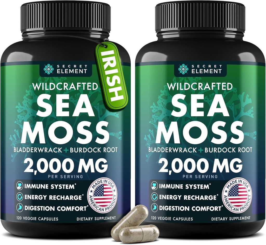 Sea Moss Capsules - Irish Sea Moss Advanced kanssa Burdock Root, Blackdercrack & Muira Puama for Immuniteetti, Gut, & energia - Superfood Sea Moss täydentää w / Raw Sea Moss Powder (2 Pack)