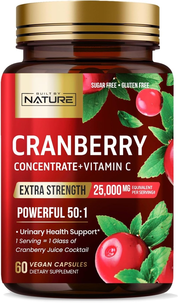 Rakennettu Nature Cranberry pillereitä 25,000mg - Extra Strength 50:1 Konsentraattiuutetta C-vitamiini - virtsateiden terveys täydentää naisten - ei-GMO, sokeriton, vegaaninen - 60 kapselia