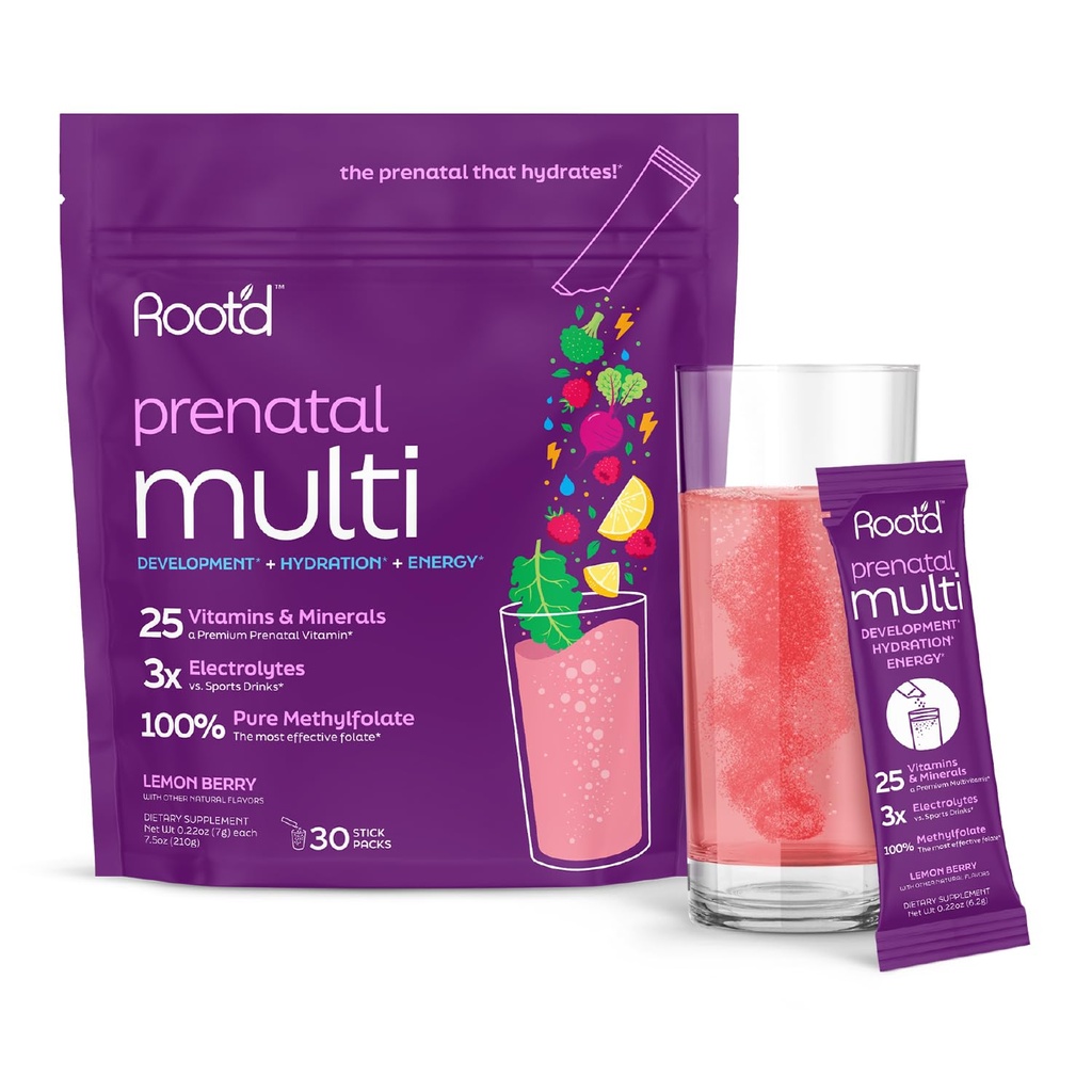 Root'd Prenatal Multivitaminpulver - 25 Vitaminer & Mineraler med 3x Electrolytes, Folate, Iron, D3 för mamma och baby, 7 Superfood & Probiotika, Sugar-Free Vitaminer & Hydration | 30 Vitamin Drink Packets