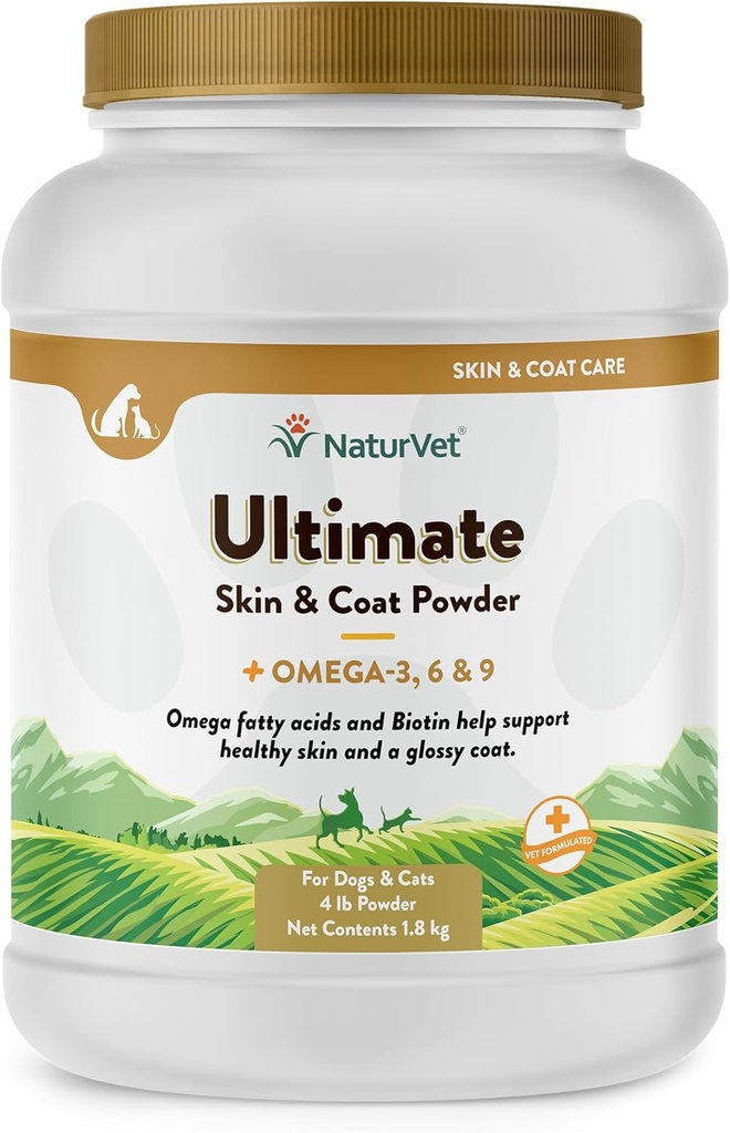 NaturVet Ultimate Skin & Coat Powder Pet Supplement för hundar och katter - Inkluderar Omegas 3, 6, 9, Biotin, Vitaminer - För Hälsosamma Hund Coats, Cat Skin - Tasty Food Topper för husdjur - 4 lbs.