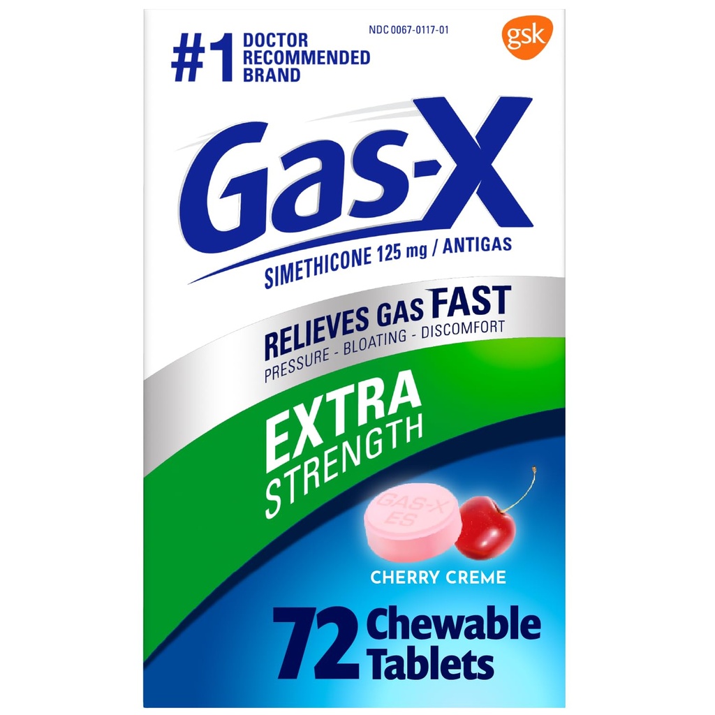 Gas-X Extra Strength purutabletti, jossa on 125 mg simetikonia paisuttavalle Reliefille, kirsikka - 72