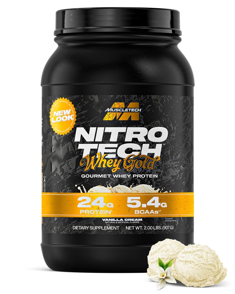 MuscleTech Whey Protein Powder (Vanilla Cream, 2LB) - Nitro-Tech Whey Protein Isolate Smoothie Mix Lean Muscle & Recovery - 24g Whey Gold for Women & Men - Pakkaus Toukokuu Vary