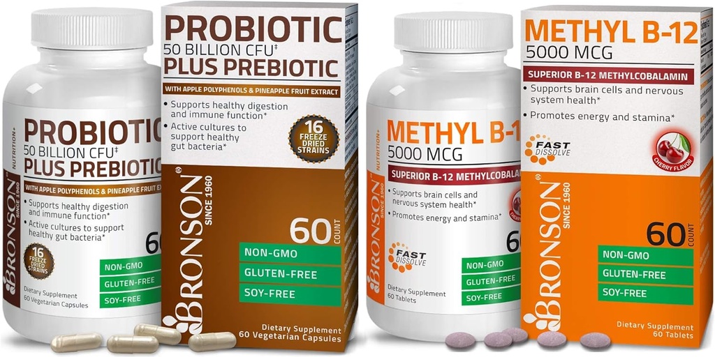 Bronson Probiootti 50 miljardia PMY + Prebiootti omenapolyfenolien ja ananaksen hedelmäuute + metyyli B12 5000 mikrog B12-vitamiinin kanssa
