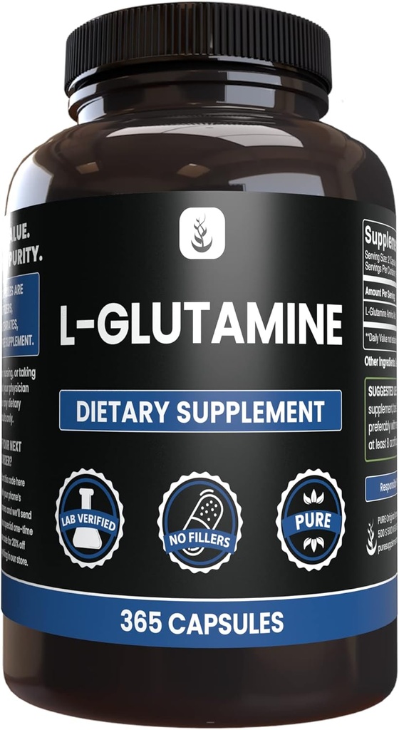 PURE ALKUPERÄISET AINEET L-glutamiini (365 kapselia) Ei magnesiumia tai riisiä, aina puhdasta, Lab varmistettu