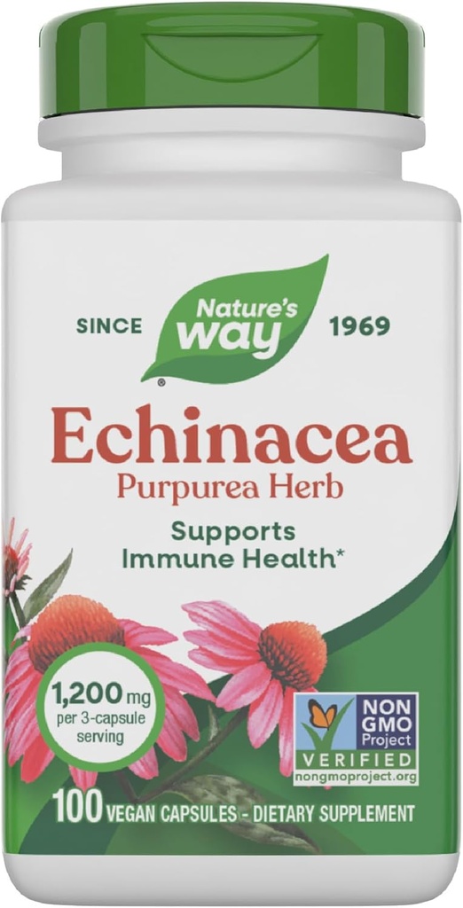 Nature's Way Echinacea Purpurea Herb, Immuno Support Supplement*, 1200 mg per 3-kapseleita tarjoilu, ei-GMO-projekti todennettu, vegaaninen, 100 kapselia (Packaging May Vary)