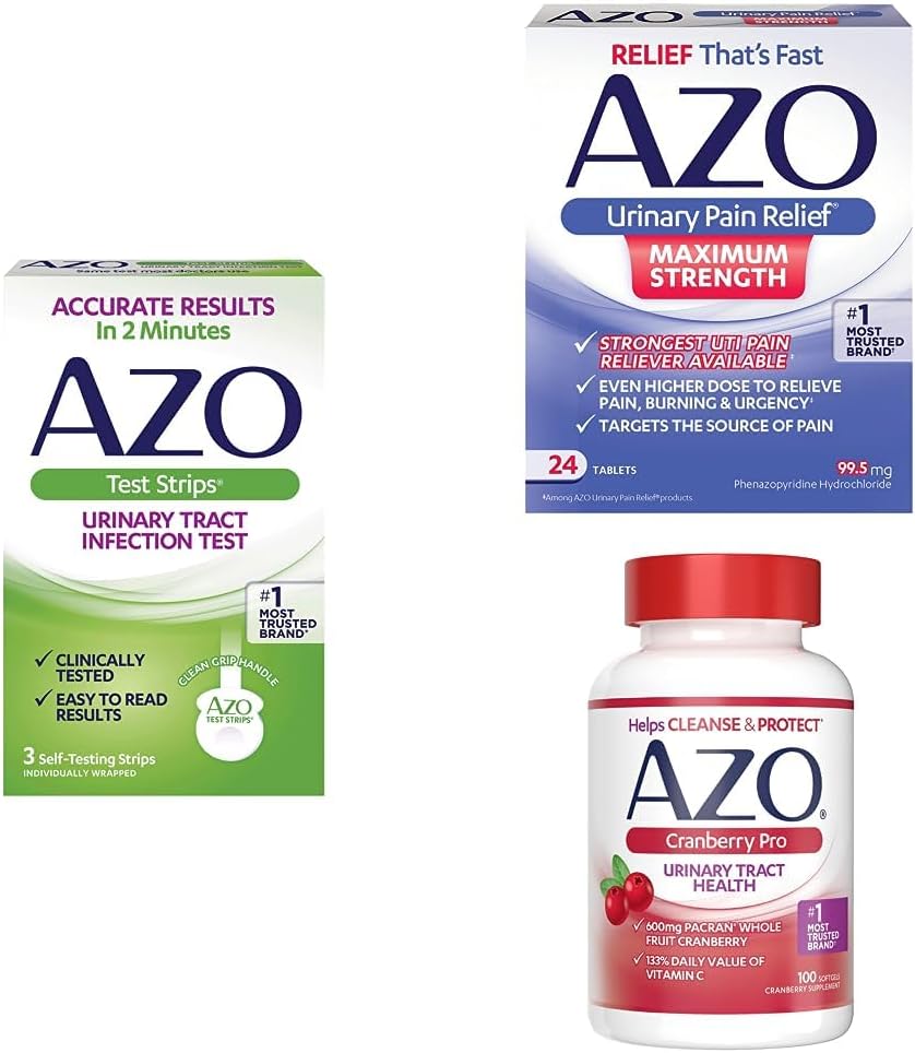 AZO UTI Pain Response Bundle ... AZO UTI -testiliuskat 3ct, AZO Virtsakipu Max Vahvuus 24ct, AZO Cranberry Pro -lisä 100ct