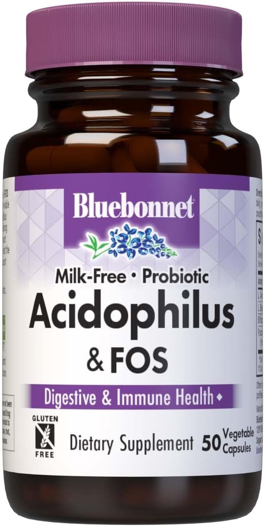Bluebonnet Nutrition Milk-Free Probiotic Acidophilus & FOS, Digestive Health *, Immune Health *, Gluten-Free, Soy-Free, Dairy-Free, 50 Vegetable Capsules, 50 Servings