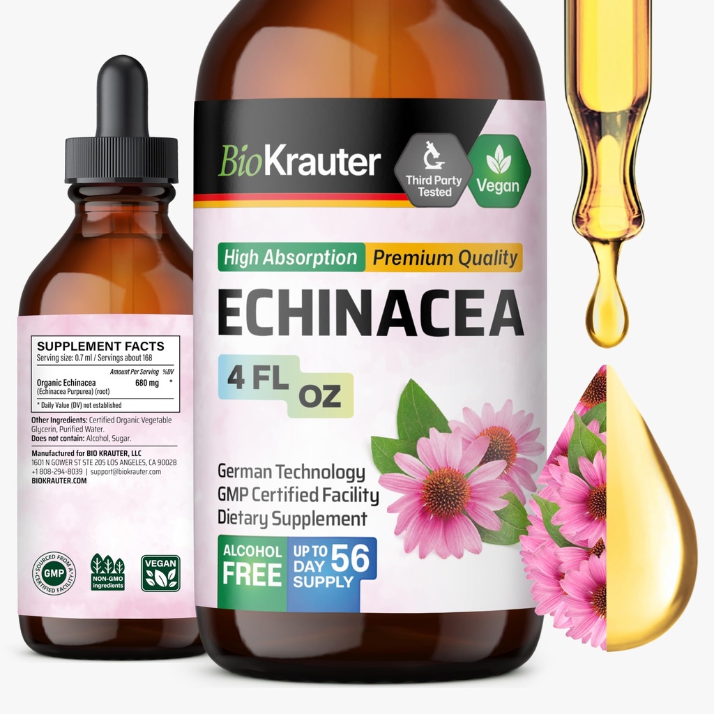 BIO KRAUTER Echinacea Drops - Natural Immune Support - Echinacea Tincture Supplement - Vegaani, alkoholiton ja sokeriton tippa - 4 Fl.Oz.