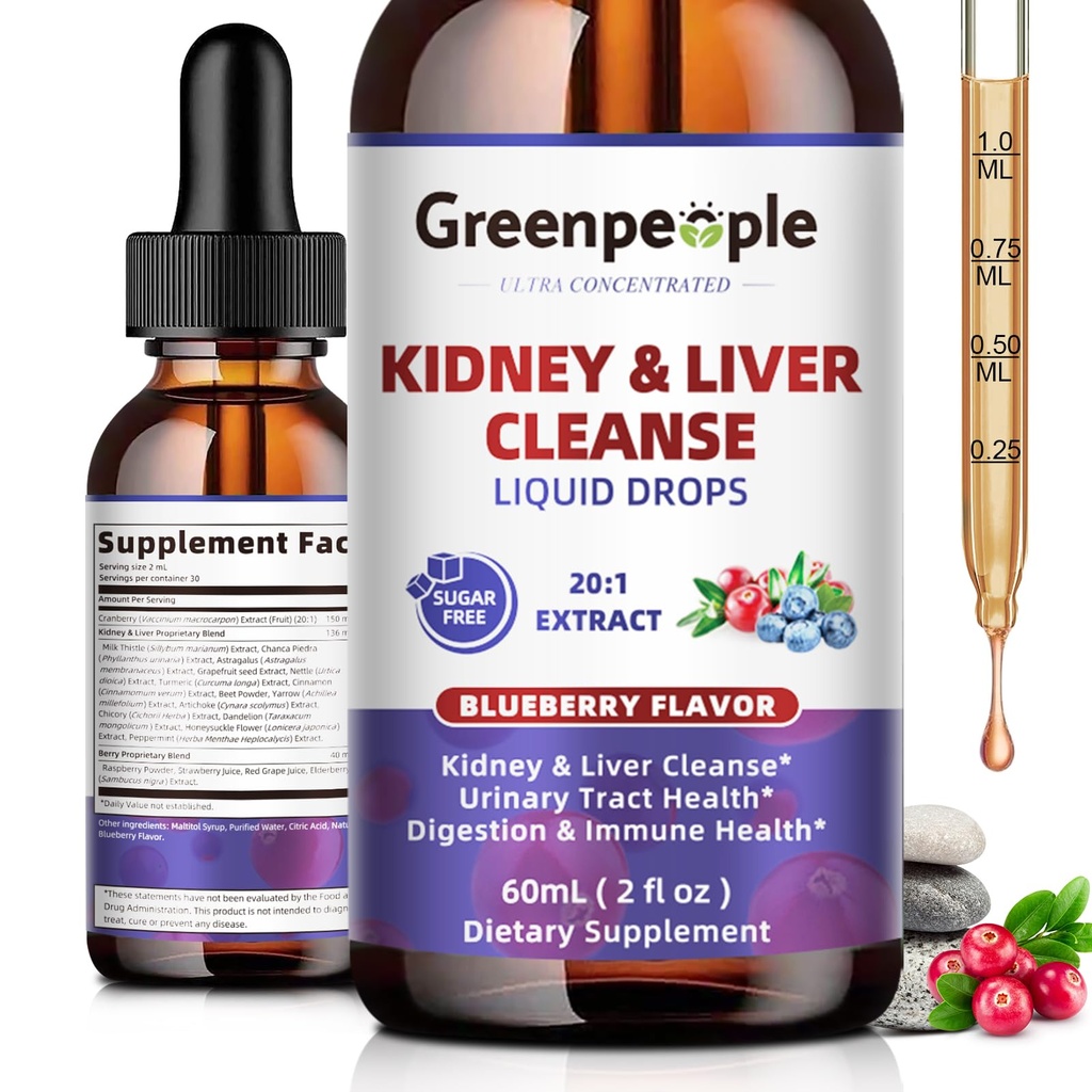 GREENPEOPLE Kidney Cleanse Detox & Repair - 27-i-1 Kidney & Liver Drops med 20:1 Cranberry Extract & Chanca Piedra, Alkoholfri Supplement för urinvägar och leverstöd (2 Oz 1 Pack, Blueberry)