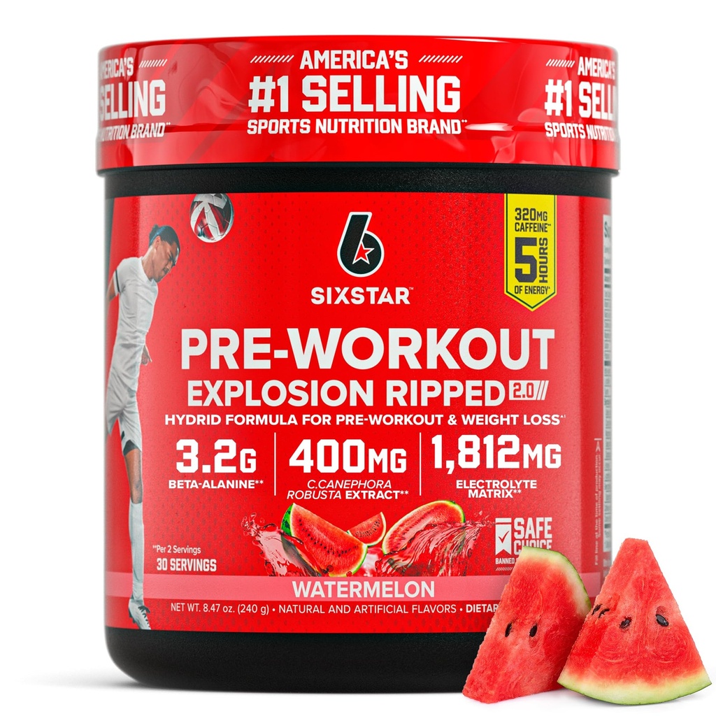 Six Star Pre-Workout Explosion, Watermelon (30 tarjoilua) - Preworkout Energy Powder Supplement for Men & Women - Preworkout Drink Mix with Creatiini & Beta Alanine - Urheiluravintotuotteet