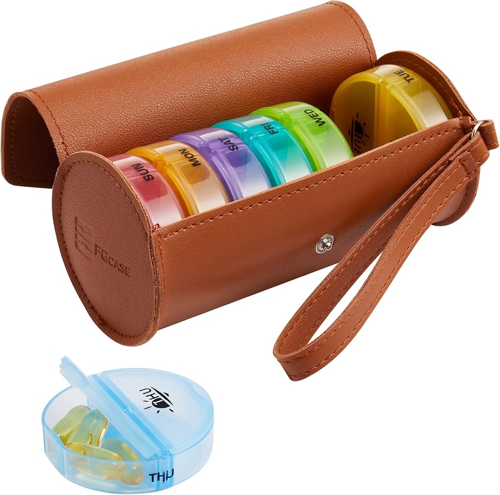 FGcase Weekly Pill Organizer 2 Times a Day Large 7 Day Rainbow Pill Box med Brown PU Leather Case Portable Travel Medication Container AM PM Pill Box för vitaminer, fiskoljor, medicin, tillägg
