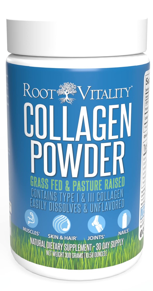 Root Vitality Collagen Peptides Powder - Grass-Fed, Pasture-Raised Hydrolysed Protein Supplement for Skin, Hair, & Nails - Ei-GMO, Zero Sugar Daily Sugar Supplement for Men & Women (30 Servings)