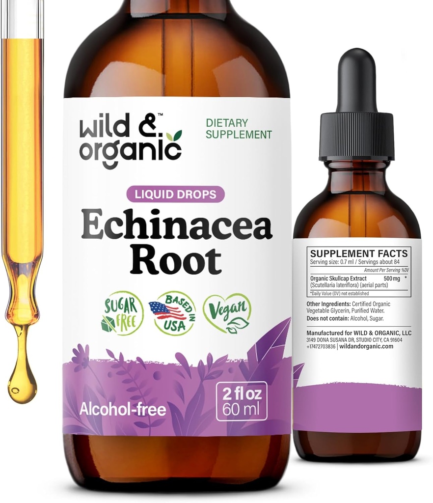 Wild & Organic Echinacea Tincture - Immune Support Drops med Liquid Echinacea Root Extract - Angustifolia Supplements - Vegan, Sugar & Alkoholfri - 2 fl oz