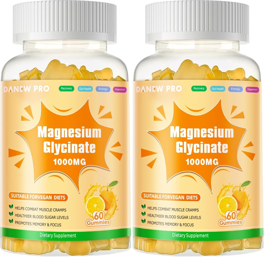 Magnesium Glycinate Gummies 1000mg - Sugar Gratis Magnesium Kalium Tillägg med vitamin D, B6, Q10 för Calm Mood & Sleep Support - 120 Orange Gummies